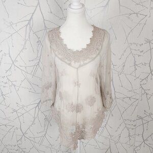 XCVI Ivory Beige Sheer Lace Mesh Round Neck Tunic